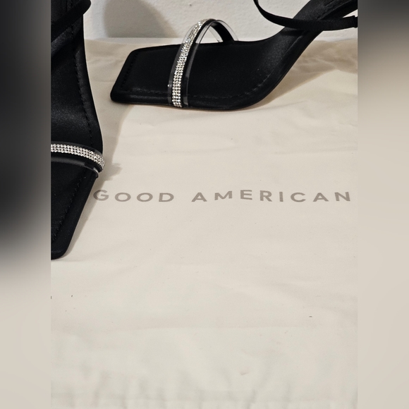 Good American Heels Black Satin Square Toe Slide Embellished New with dust bag - Picture 7 of 7